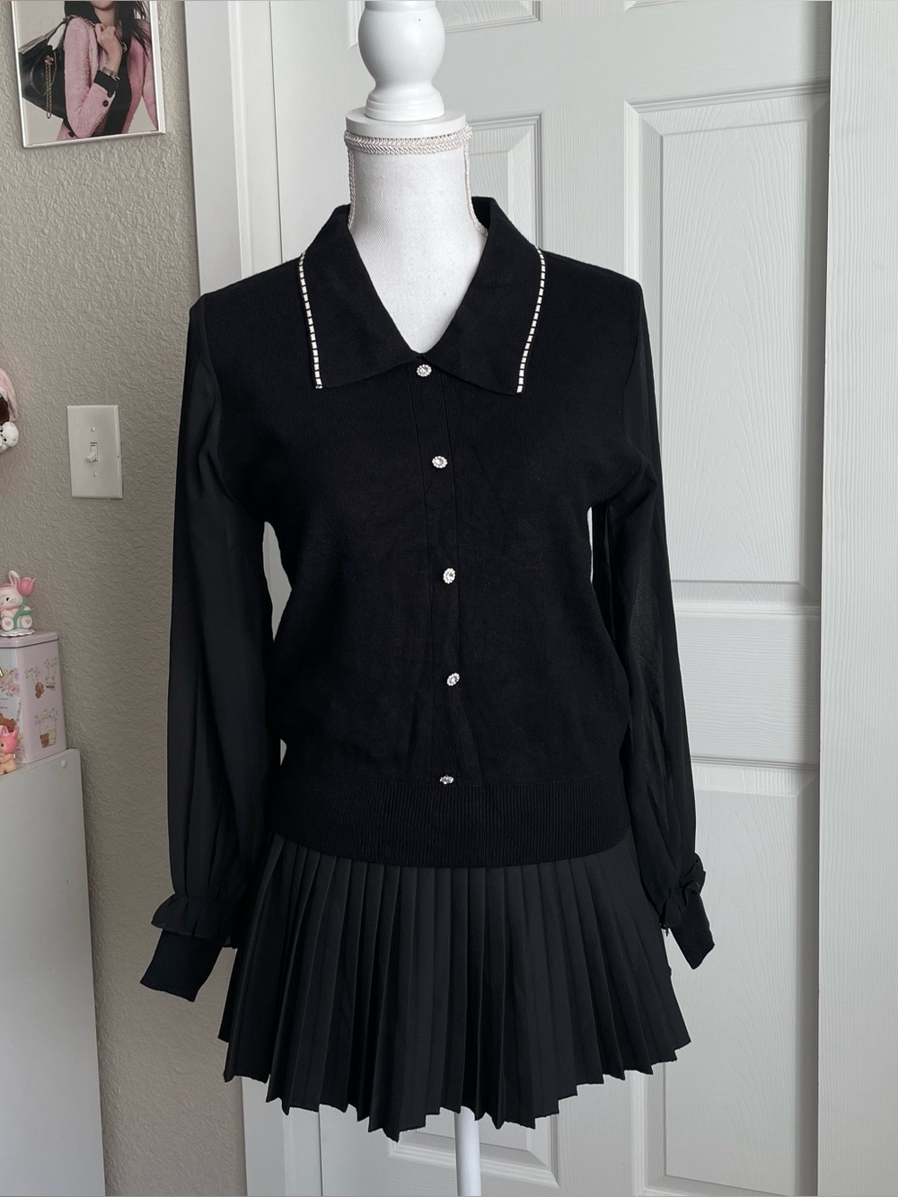 J.ING Black Button-Front Knit Top with Crystal-Trim Collar